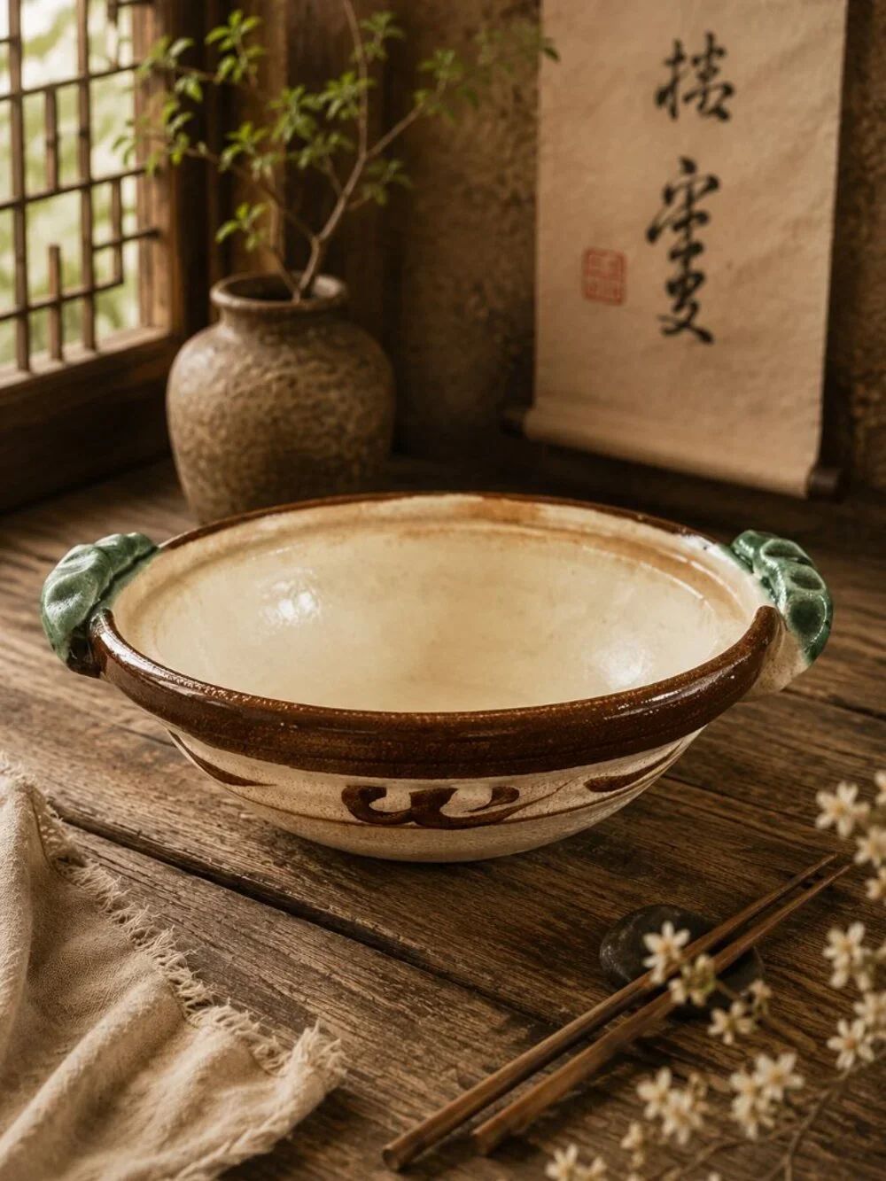 Rare Japanese Donabe Pottery Hot Pot Green-Glazed Lid Brown-Painted Ornate Base